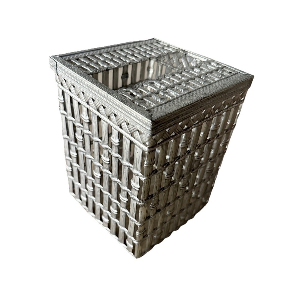 Vintage Silver Metal Faux Bamboo Tissue Box Cover Lattice Chinoiserie Regency